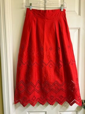 White House Black Market Red Eyelet A-Line Midi Skirt size 0 like new